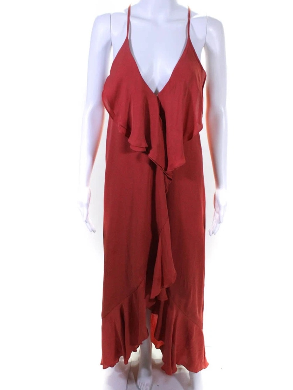 INTERMIX Brick Red Ruffled Maxi Dress with Spaghetti Straps
